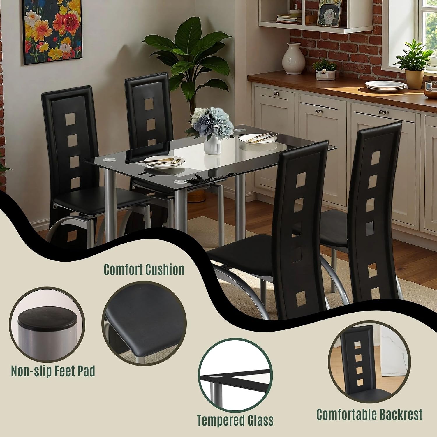 Karl home 5-Piece Dining Table Set with 1 Glass Dining Table and 4 PVC Chairs, Modern Dining Table Set for Kitchen & Breakfast Dining Living Room, Space Saving