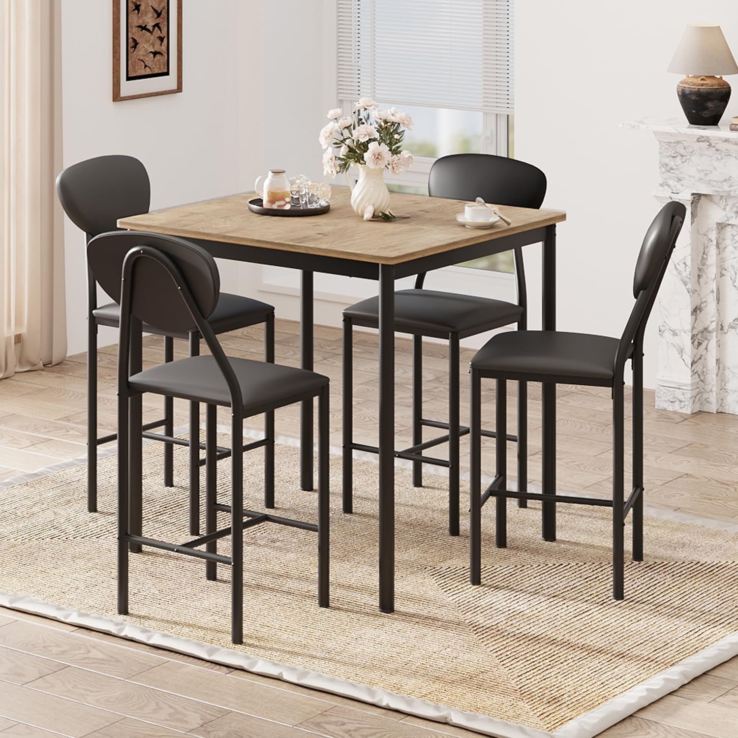 EROMMY Dining Table Set for 4, Modern Kitchen Table and Chairs with PU Leather Upholstery, Wood Dining Table with Chairs for Small Space, Dining Room, Brown