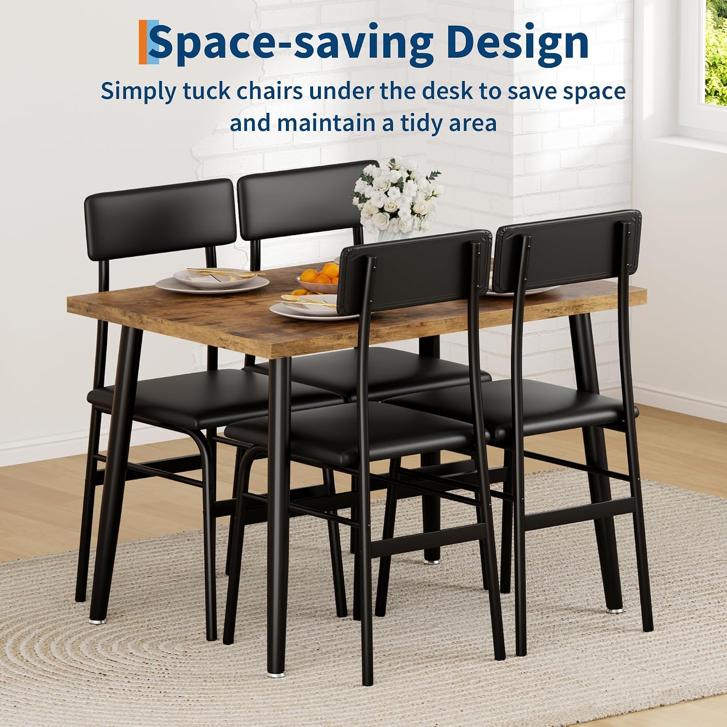 IDEALHOSUE Dining Table Set for 4, 5 Piece Kitchen Table Set with 4 Upholstered Chairs, Breakfast Table for Samll Space, Dining Room, Apartment, Restaurant, Rustic Brown