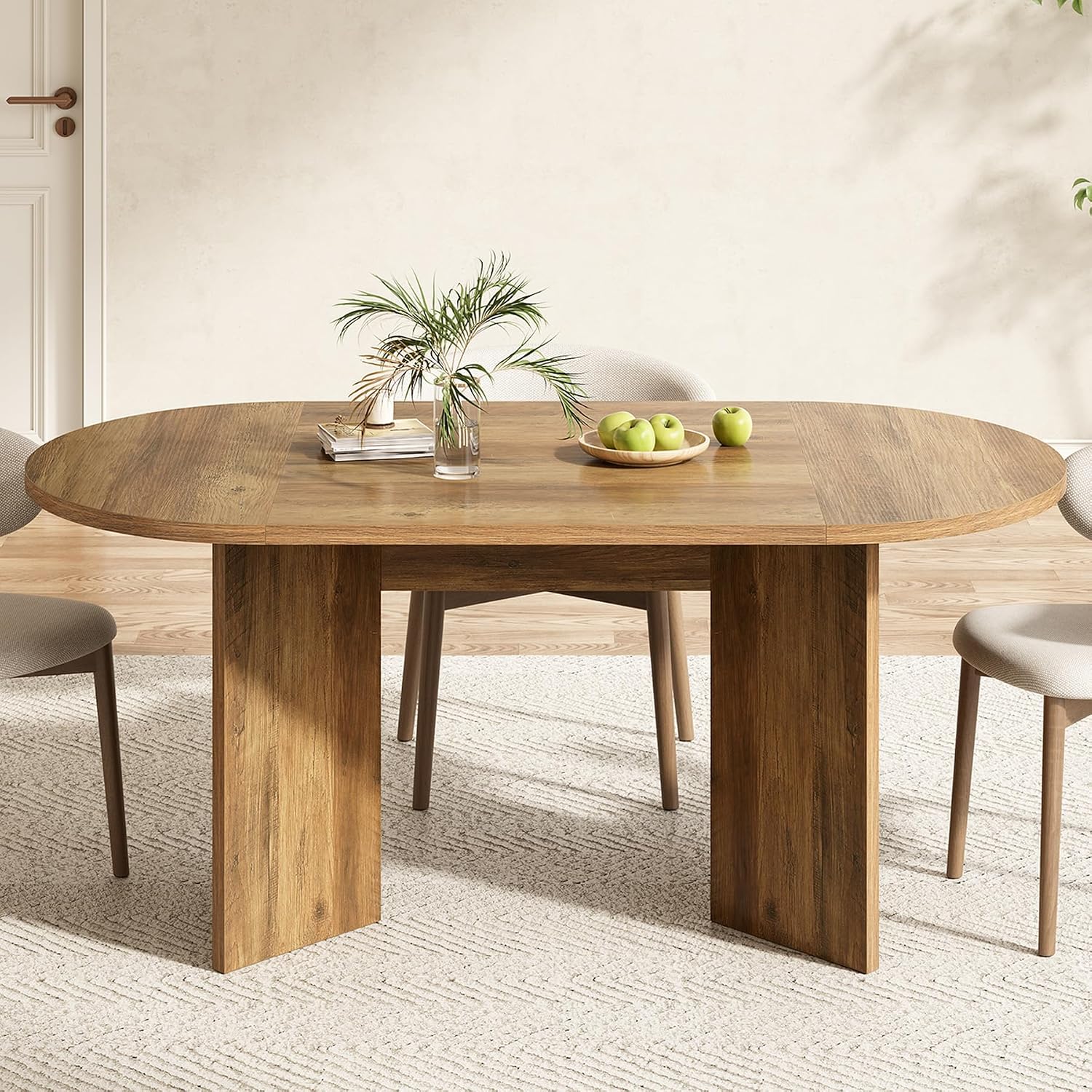 LITTLE TREE 63' Rustic Oval Dining Table for 2-4, Sturdy MDF Farmhouse Kitchen Table with Metal Strip Base, for Living Room, Office, Restaurant, Multi-Use, Umber