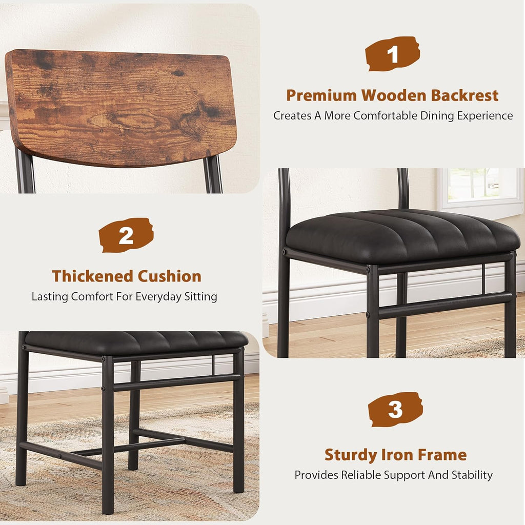 Jocoevol Industrial Dining Chairs Set of 4 - Upholstered Dining Room Chairs with PU Leather, Kitchen Chairs with Wooden Backrest and Thickened Metal Legs, for Dining Room, Living Room（Rustic Brown）