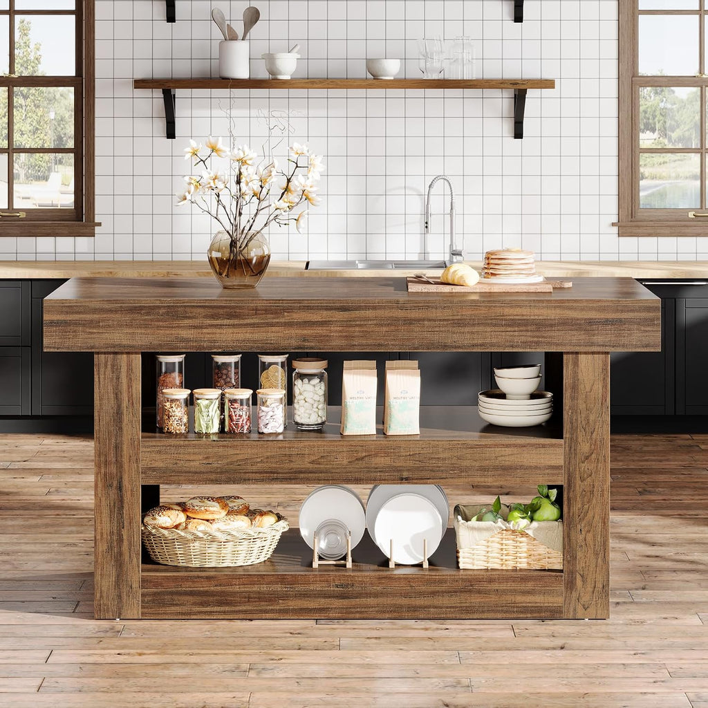 Tribesigns 55-Inch Kitchen Island with Storage, Farmhouse 3-Tier Stationary Island Table with Large Countertop, Wooden Coffee Bar Table Storage Cabinet for Kitchen, Dining Room, Living Room, Brown
