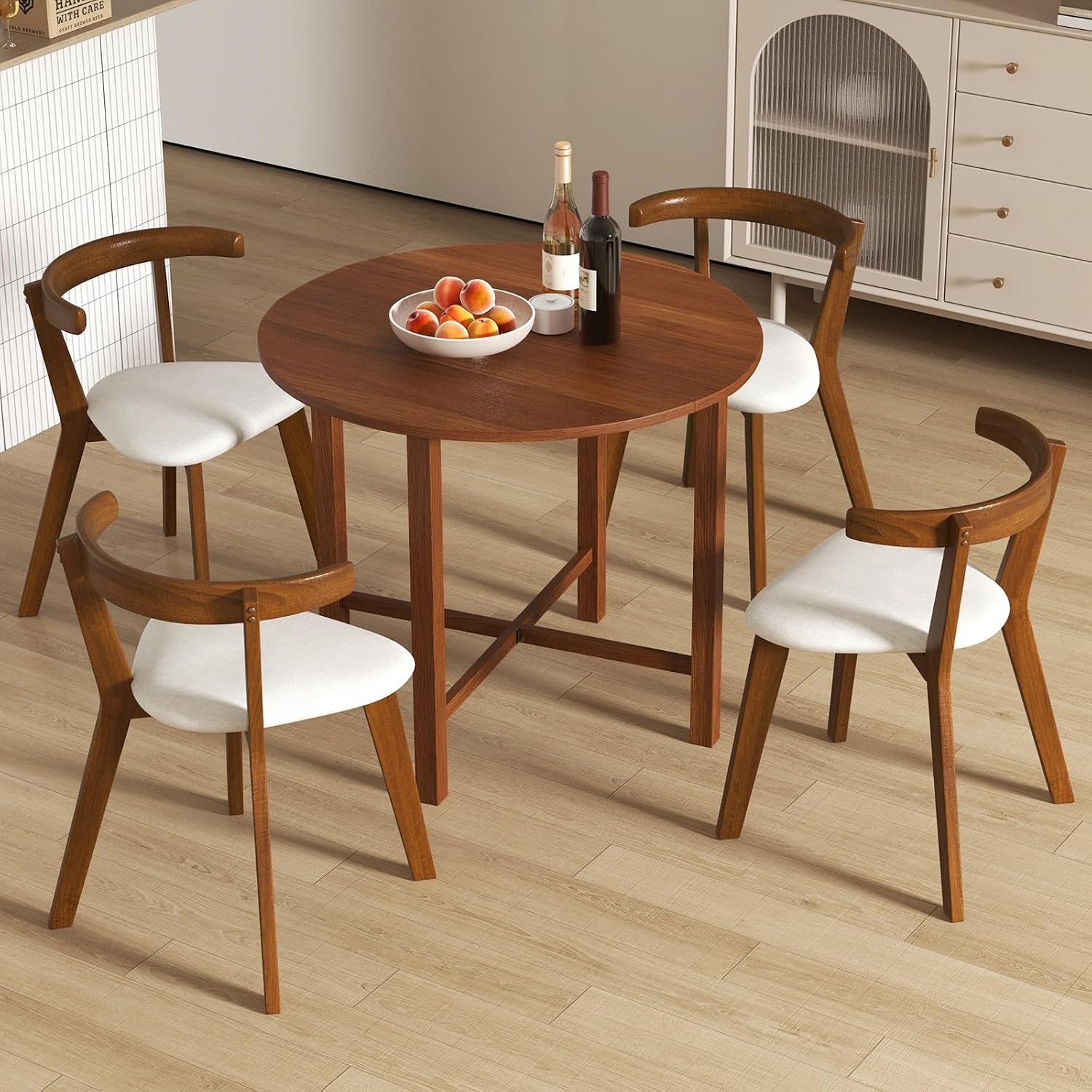 Tangkula 36' Foldable Round Dining Table, Kitchen Table w/Solid Rubber Wood Legs, Dual Drop Leaf Design, Farmhouse Circle Diner Table for 2-4 People, Dining Room, Living Room, Restaurant (Round)