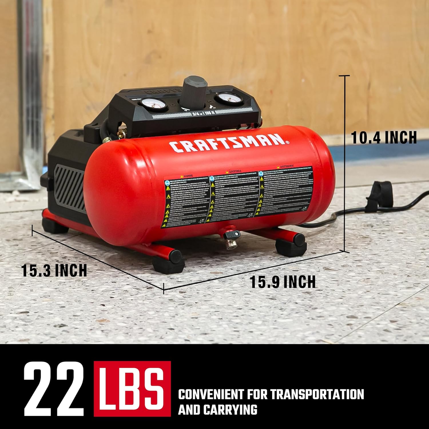 Craftsman Air Compressor 1.5 Gallon Portable, 3/4 HP, 1.5 CFM@90PSI, Max 125 PSI, Oil Free, Lightweight Air Compressor for DIY Workshop, Small Project