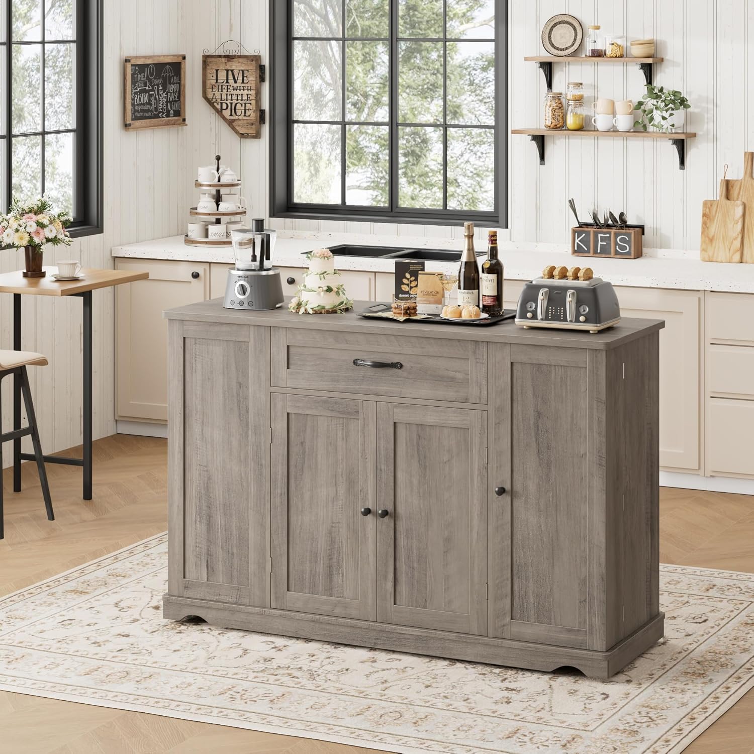 HOSTACK Kitchen Island Cart with Storage, 47'' Kitchen Storage Island on Wheels with 2 Drawers, Rolling Island Table with Adjustable Shelves, Mobile Buffet Sideboard Cabinet for Dining Room, Ash Gray