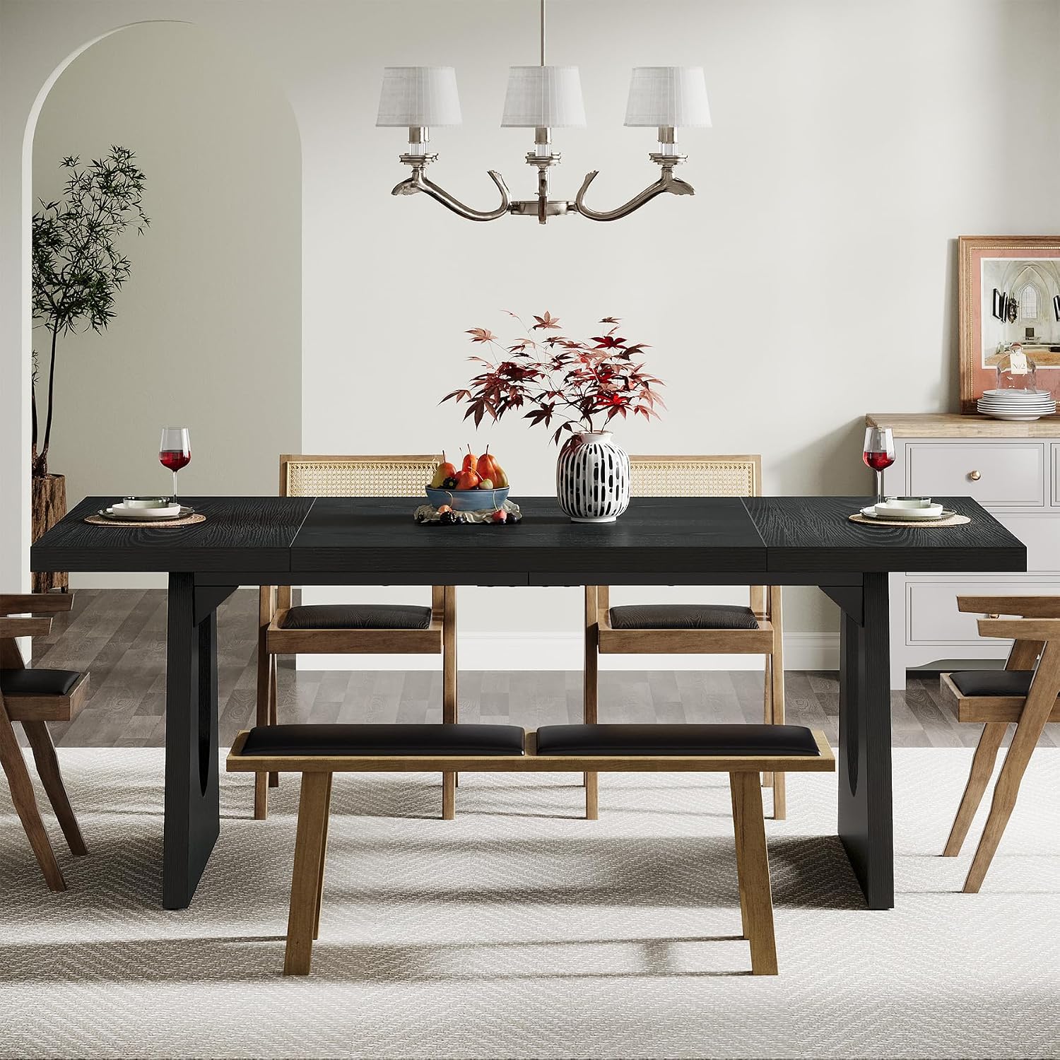 Tribesigns Large Dining Table for 6-8 People, 70.9-Inch Wood Rustic Rectangular Table with Black Wooden Legs, Farmhouse Center Kitchen Table for Dining Room, Living Room, Home Furniture, Black