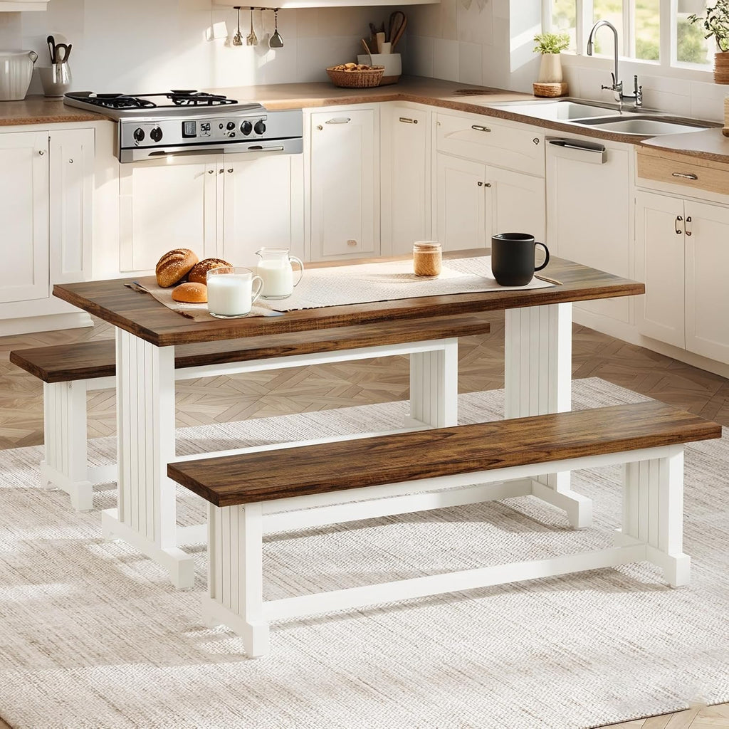 Tribesigns 47-Inch Small Dining Table Set for 2, 3-Piece Kitchen Table with 2 Benches, Farmhouse Wood Dinner Furniture for Narrow Space, Apartment, White & Rustic Brown