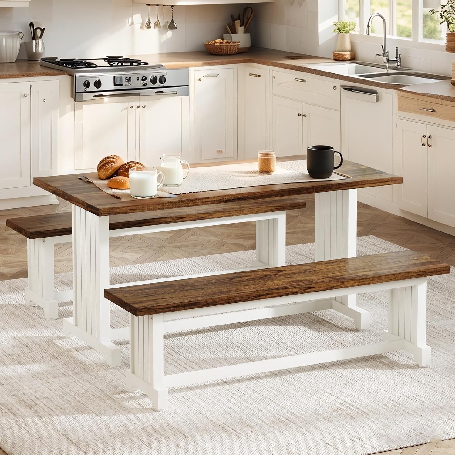Tribesigns 47-Inch Small Dining Table Set for 2, 3-Piece Kitchen Table with 2 Benches, Farmhouse Wood Dinner Furniture for Narrow Space, Apartment, White & Rustic Brown