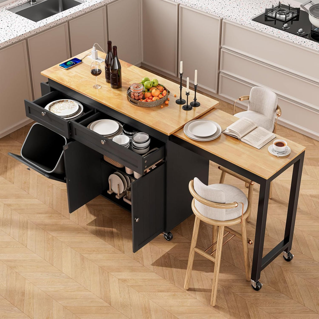 ONBRILL Kitchen Islands with Extendable Dining Table, 81.7' Mobile Kitchen Storage Islands, Rolling Kitchen Cart with Trash Cabinet, Power Outlet, Spice Rack & Towel Rack (Black)
