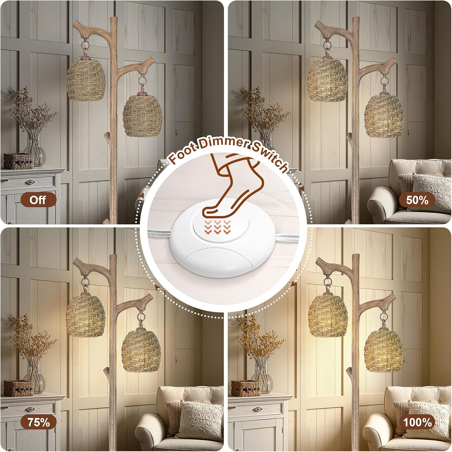 Scenekoy Vintage 68' Tall Floor Lamp with Straw Rope Woven Shade, Retro Resin Standing Lamp Tree Trunk Finish, Dimmable Corner Lamp Stand Up Light with Bulb Prefer for Living Room Bedroom Home Decor