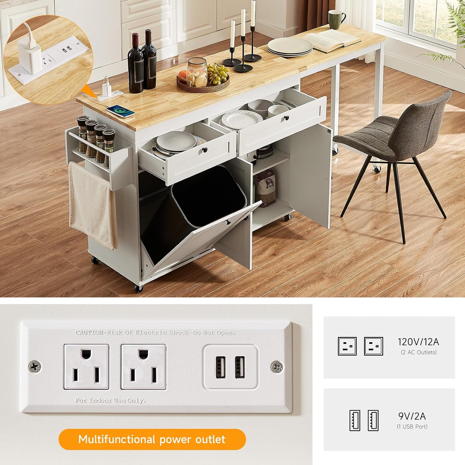 ONBRILL Kitchen Islands with Extendable Dining Table, 81.7' Mobile Kitchen Storage Islands, Rolling Kitchen Cart with Trash Cabinet, Power Outlet, Spice Rack & Towel Rack (White)