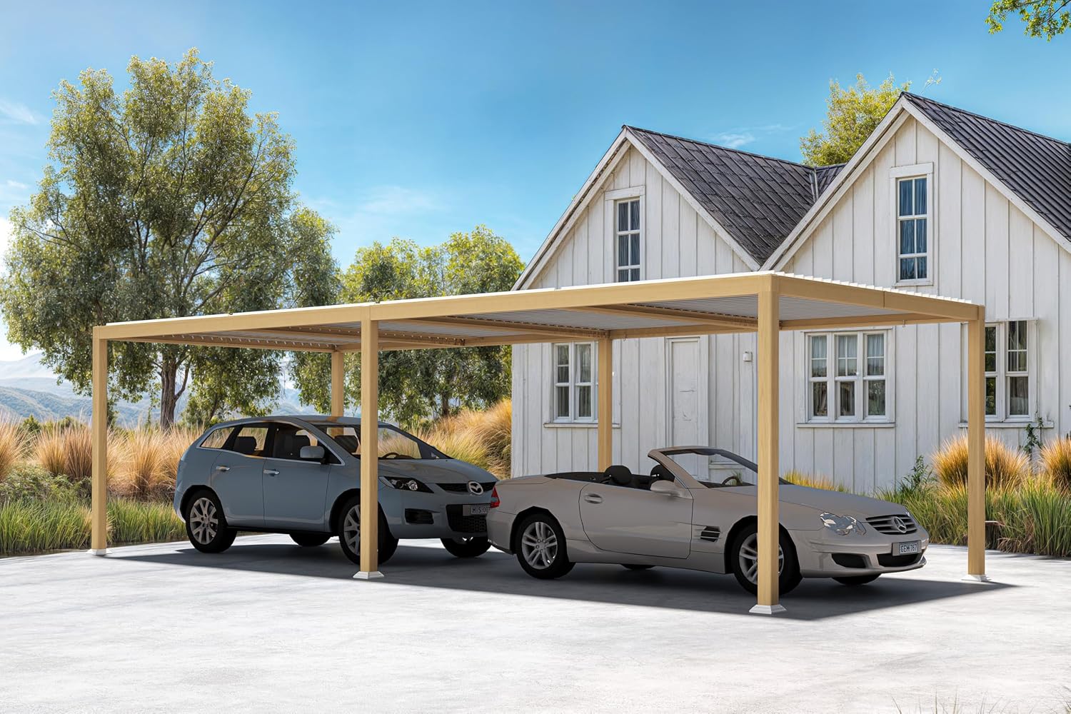PURPLE LEAF 11' x 28' Louvered Pergola Outdoor Wood Grain Aluminum Large Pergola with Adjustable Roof Retractable Patio Rainproof Hardtop Gazebo for Deck Backyard Garden