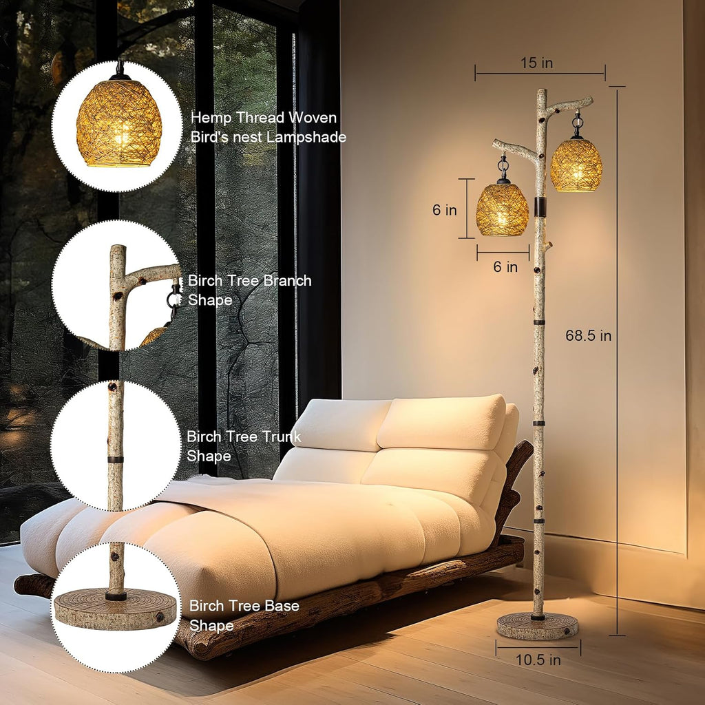 Scenekoy 68.5' Rustic Farmhouse Remote Control Switch Birch Tree Floor lamp with Bird Nest Lantern Shade Vintage Standing Lamp for Living Room Bedroom Hotel Bar Office Wood House(Bulb Included)