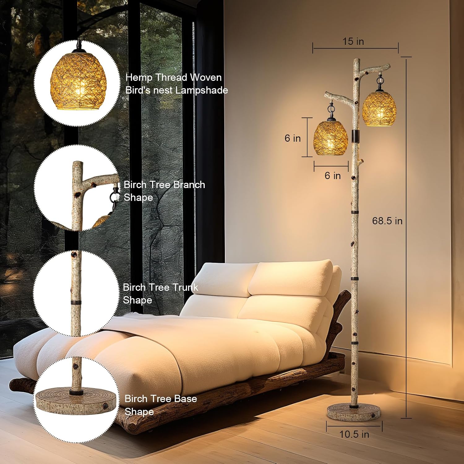 Scenekoy 68.5' Rustic Farmhouse Remote Control Switch Birch Tree Floor lamp with Bird Nest Lantern Shade Vintage Standing Lamp for Living Room Bedroom Hotel Bar Office Wood House(Bulb Included)