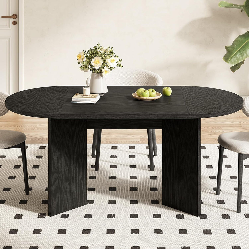 LITTLE TREE 63' Rustic Oval Dining Table for 4-6, Sturdy MDF Farmhouse Kitchen Table with Metal Strip Base, for Living Room, Office, Restaurant, Multi-Use, Black