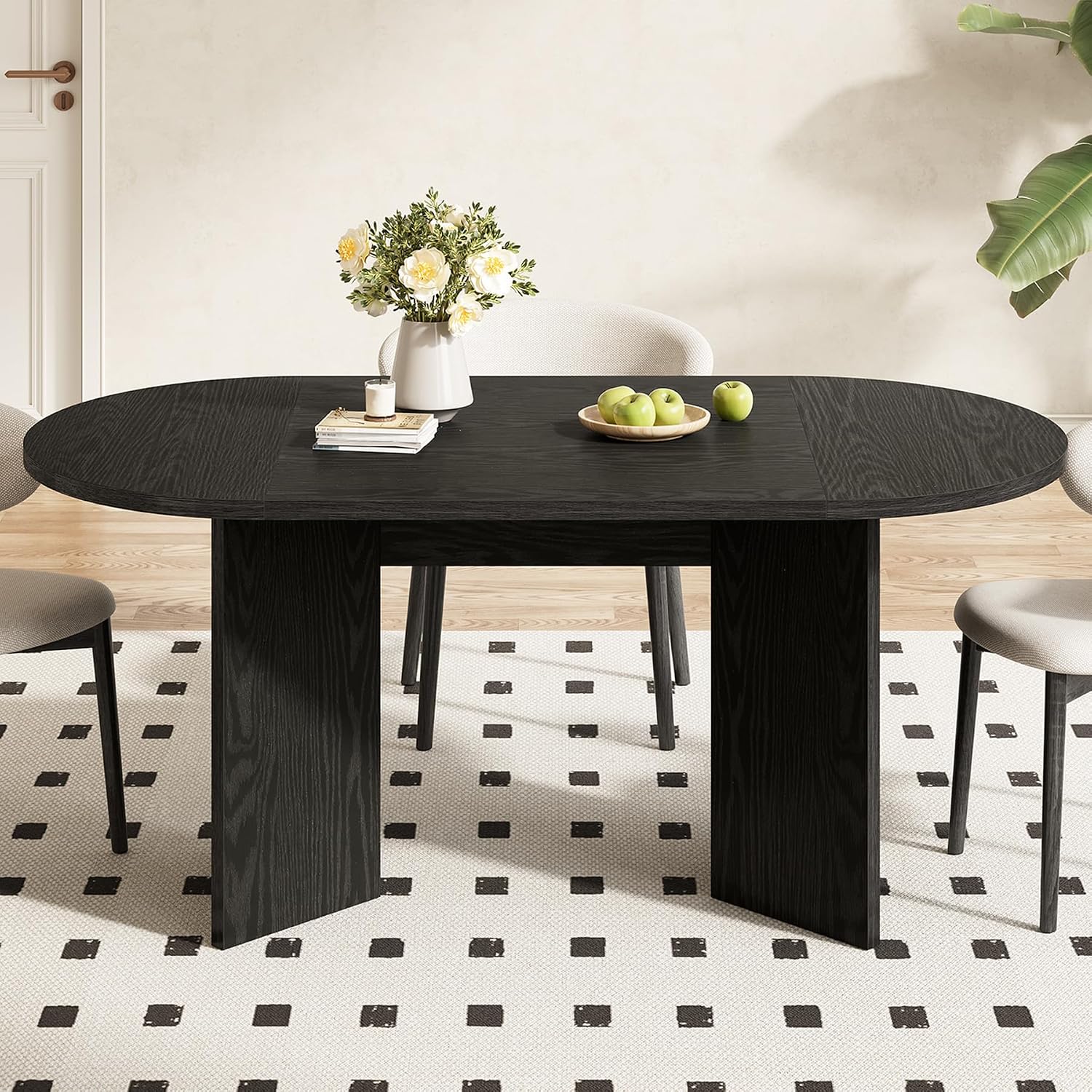 LITTLE TREE 63' Rustic Oval Dining Table for 4-6, Sturdy MDF Farmhouse Kitchen Table with Metal Strip Base, for Living Room, Office, Restaurant, Multi-Use, Black