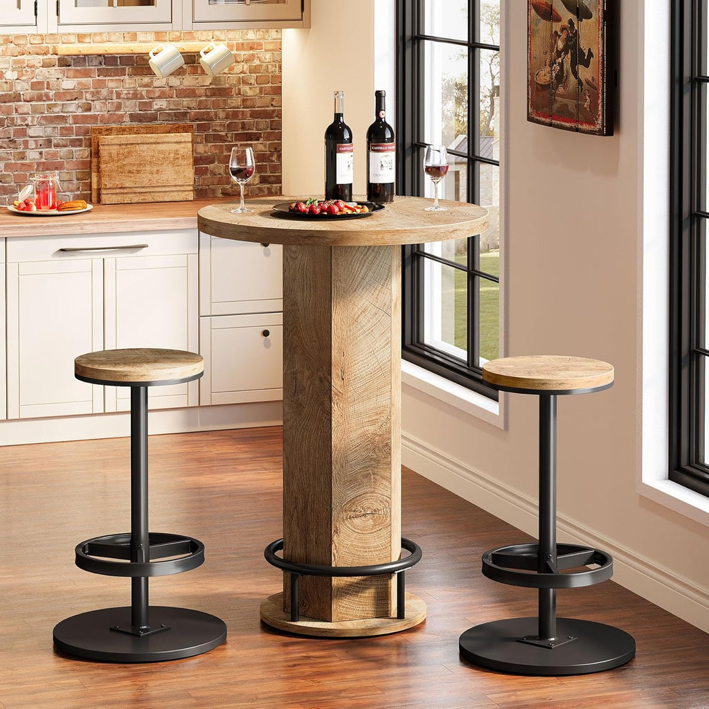Tribesigns Round Bar Table with Chairs, Industrial Bistro Sets with 2 barstools, Pub Cocktail Table with Metal Ring Footrest for Kitchen Nook, Apartment, Small Space
