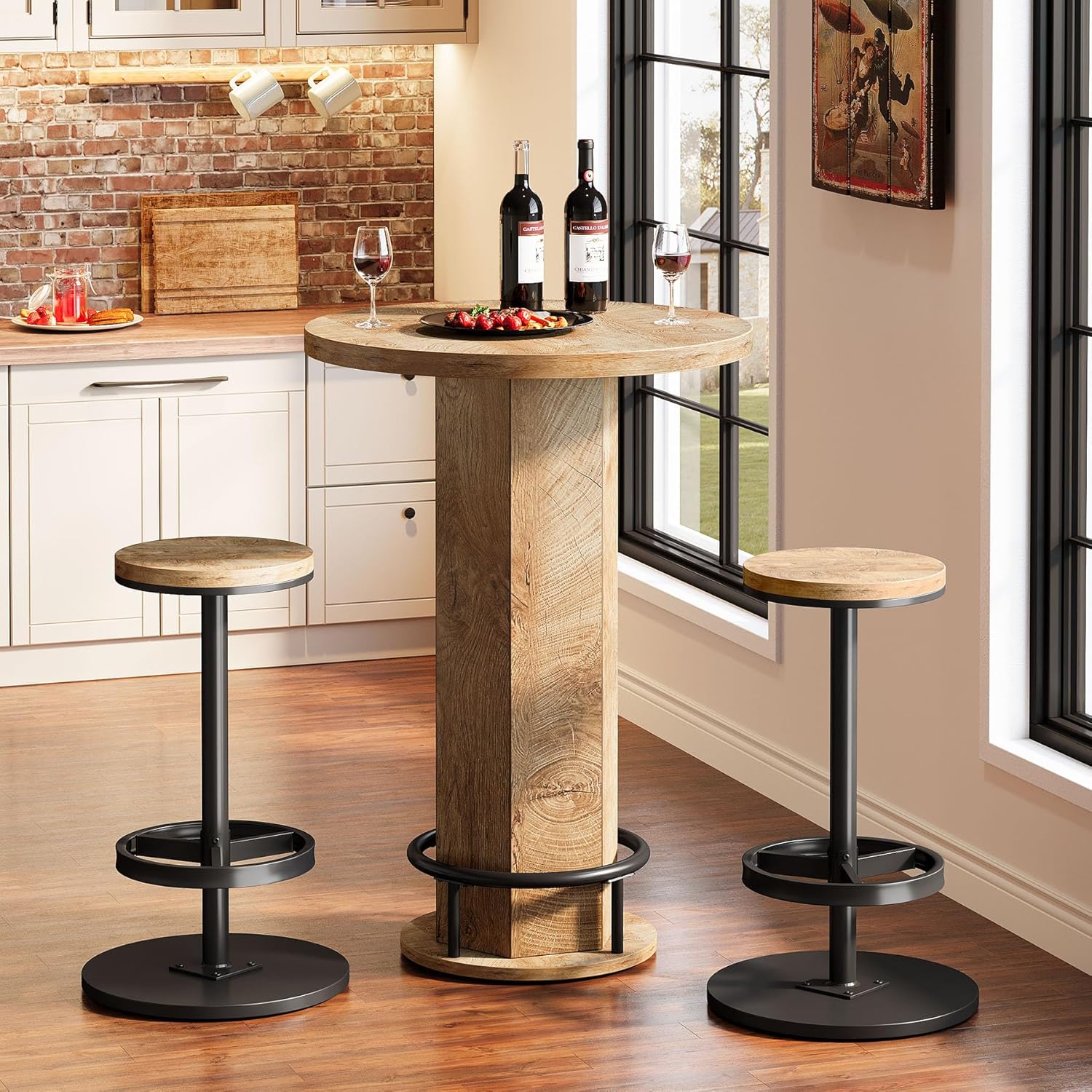 Tribesigns Round Bar Table with Chairs, Industrial Bistro Sets with 2 barstools, Pub Cocktail Table with Metal Ring Footrest for Kitchen Nook, Apartment, Small Space