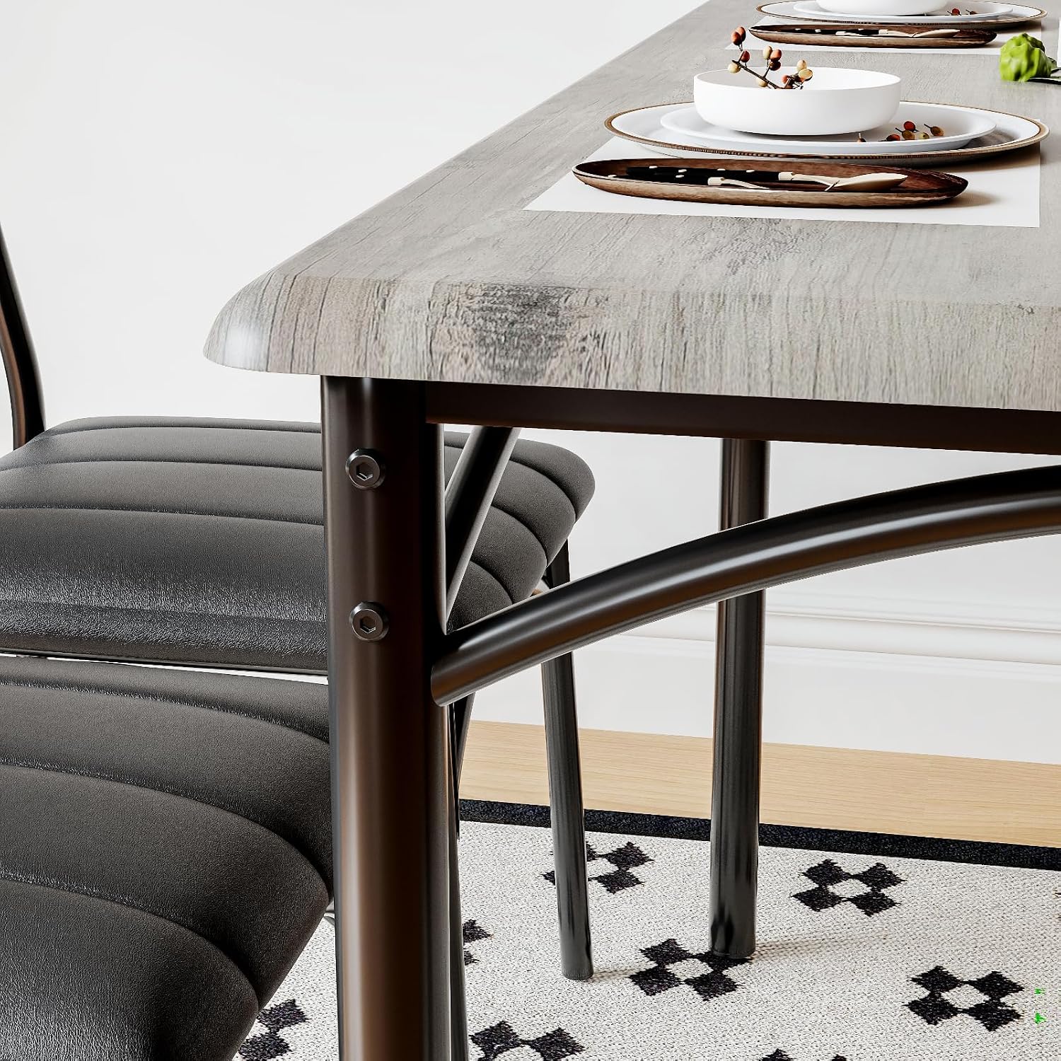 IDEALHOUSE Dining Table Set for 4, Kitchen Table with Chairs for 4, Rectangular Wood Dining Room Table Set with Upholstered Bench for Small Space, Dinner, Apartment, Retro Gray