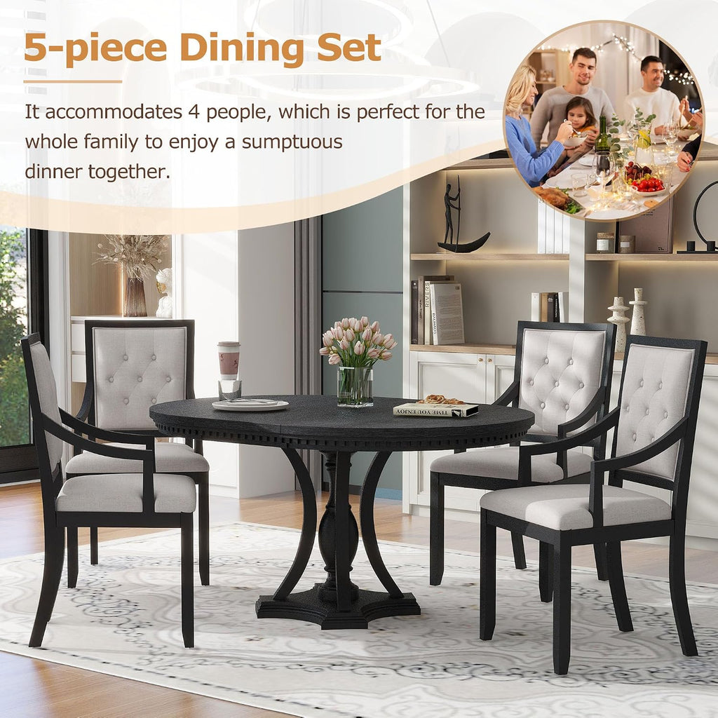 LUMISOL Round Dining Table Set for 4, 5-Piece Extendable Kitchen Table Set with 4 Upholstered Chairs, Farmhouse Table and Chairs Set for Kitchen, Dining Room, Living Room, Black+Beige