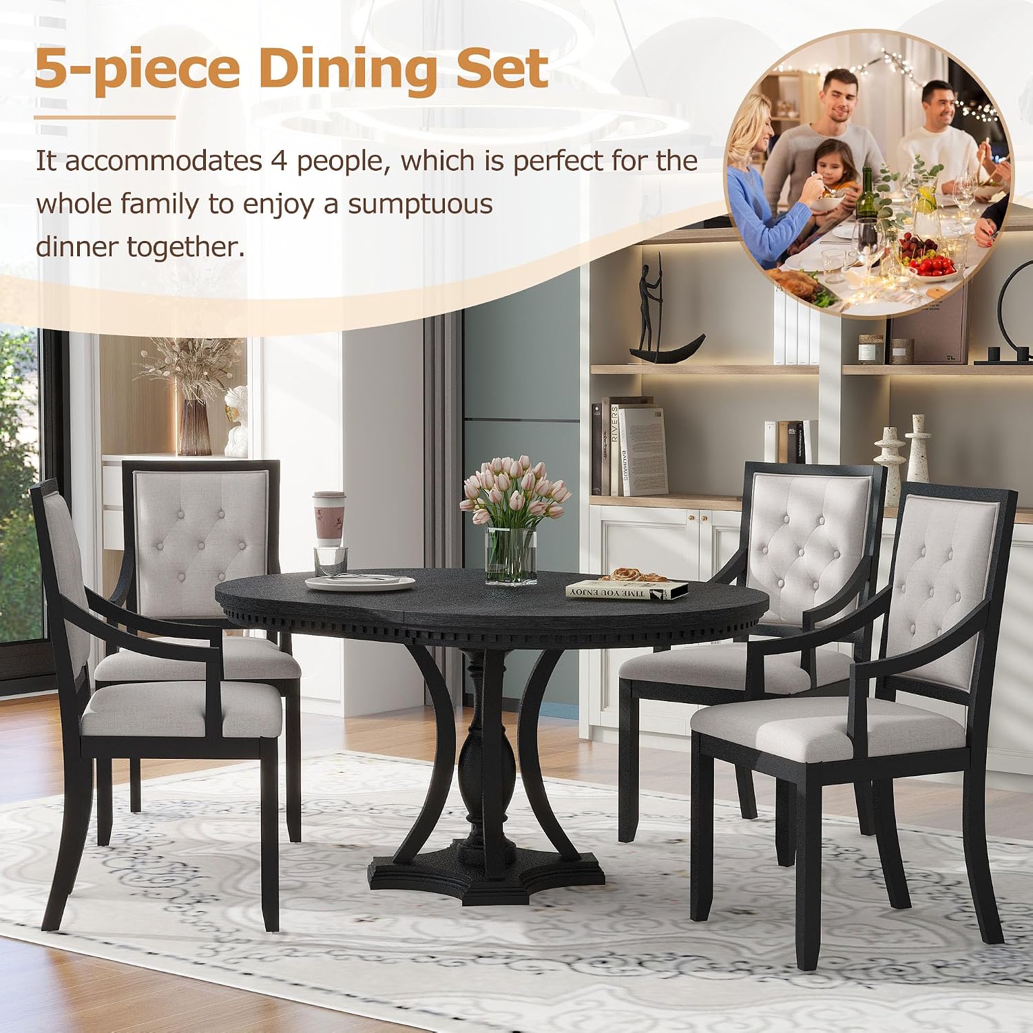 LUMISOL Round Dining Table Set for 4, 5-Piece Extendable Kitchen Table Set with 4 Upholstered Chairs, Farmhouse Table and Chairs Set for Kitchen, Dining Room, Living Room, Black+Beige