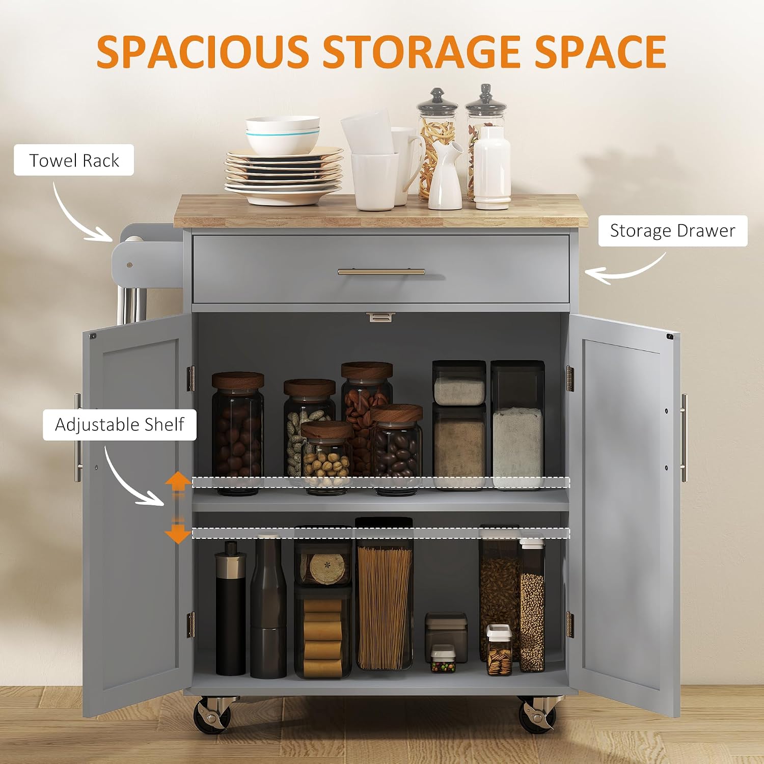 HOMCOM Kitchen Island Cart, Rolling Island Table with Solid Wood Top, Trolley Cart with Drawer, Storage Cabinet & Towel Rack, Gray