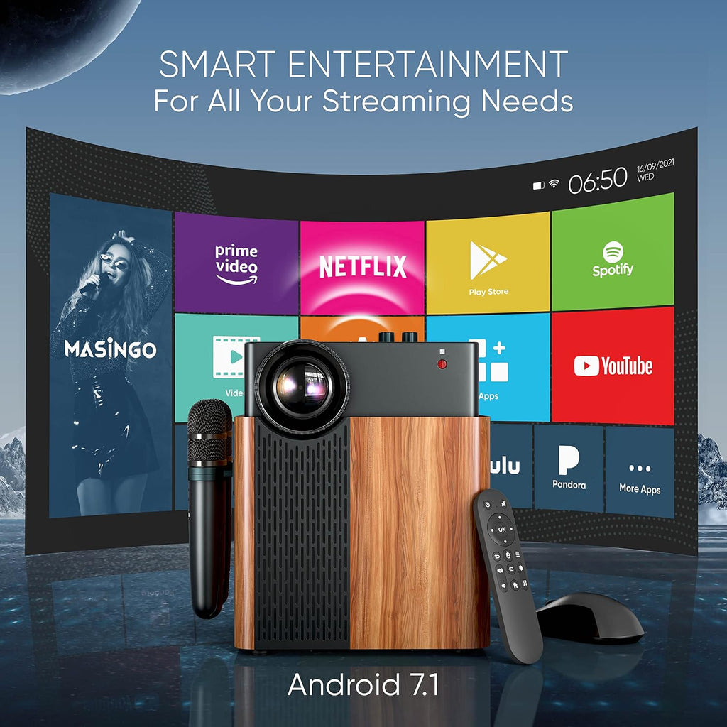 MASINGO 4-in-1 Portable Karaoke Machine with Smart 1080p Projector w/WiFi, Speaker & 2 Wireless Microphones. Built-in Android System for Lyrics Display Apps, Netflix, YouTube.