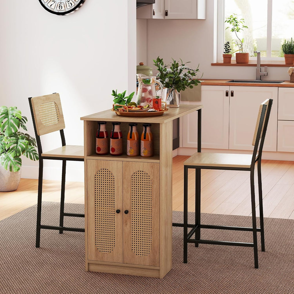Giantex 3-Pcs Boho Rattan Dining Table Set for 2, Counter Height Bar Table with Storage Cabinet, Adjustable Shelf, 2 Bar Stools for Small Spaces, Dinette, Breakfast, Kitchen, Living Room, Apartment