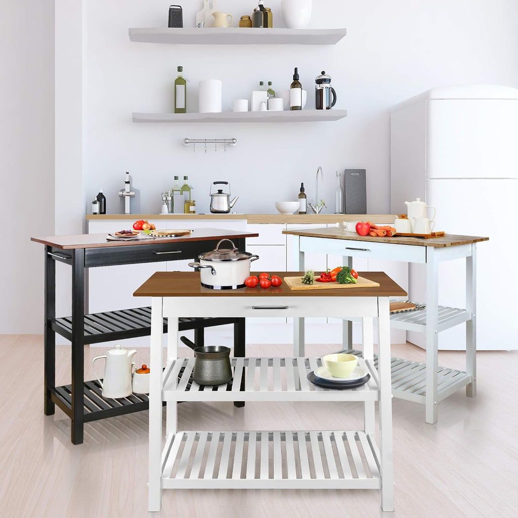Kitchen Island with Solid Wood Top, White & Cherry Natural