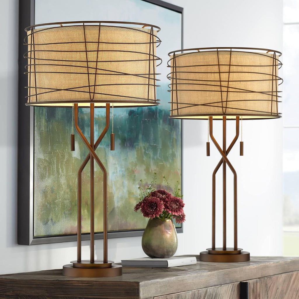 Franklin Iron Works Marlowe 28 3/4' Tall Farmhouse Rustic Modern Industrial End Table Lamps Set of 2 Pull Chain Bronze Brown Metal Living Room Bedroom Bedside Nightstand House Office Woven Shade