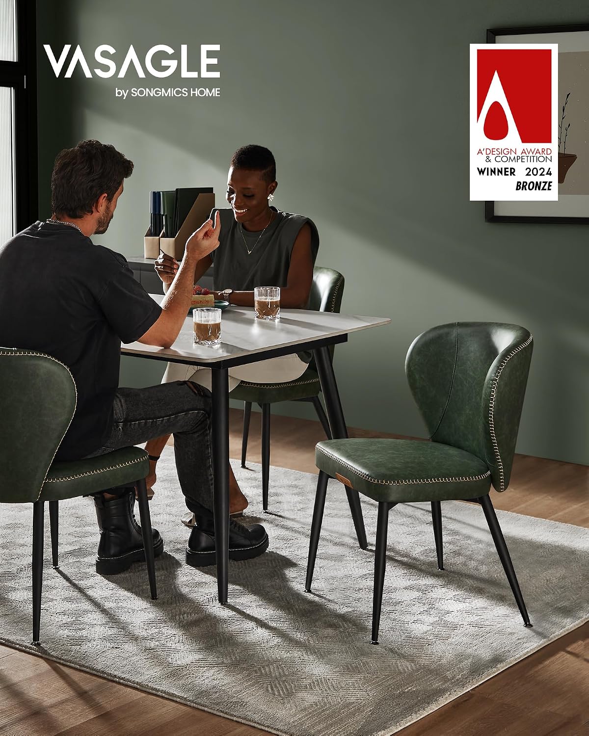 VASAGLE EKHO Collection - Dining Chairs Set of 2, Upholstered Kitchen Chairs, Comfortable Seat, Synthetic Leather with Stitching, Mid-Century Modern, Easy Assembly, Living Room Lounge, Forest Green