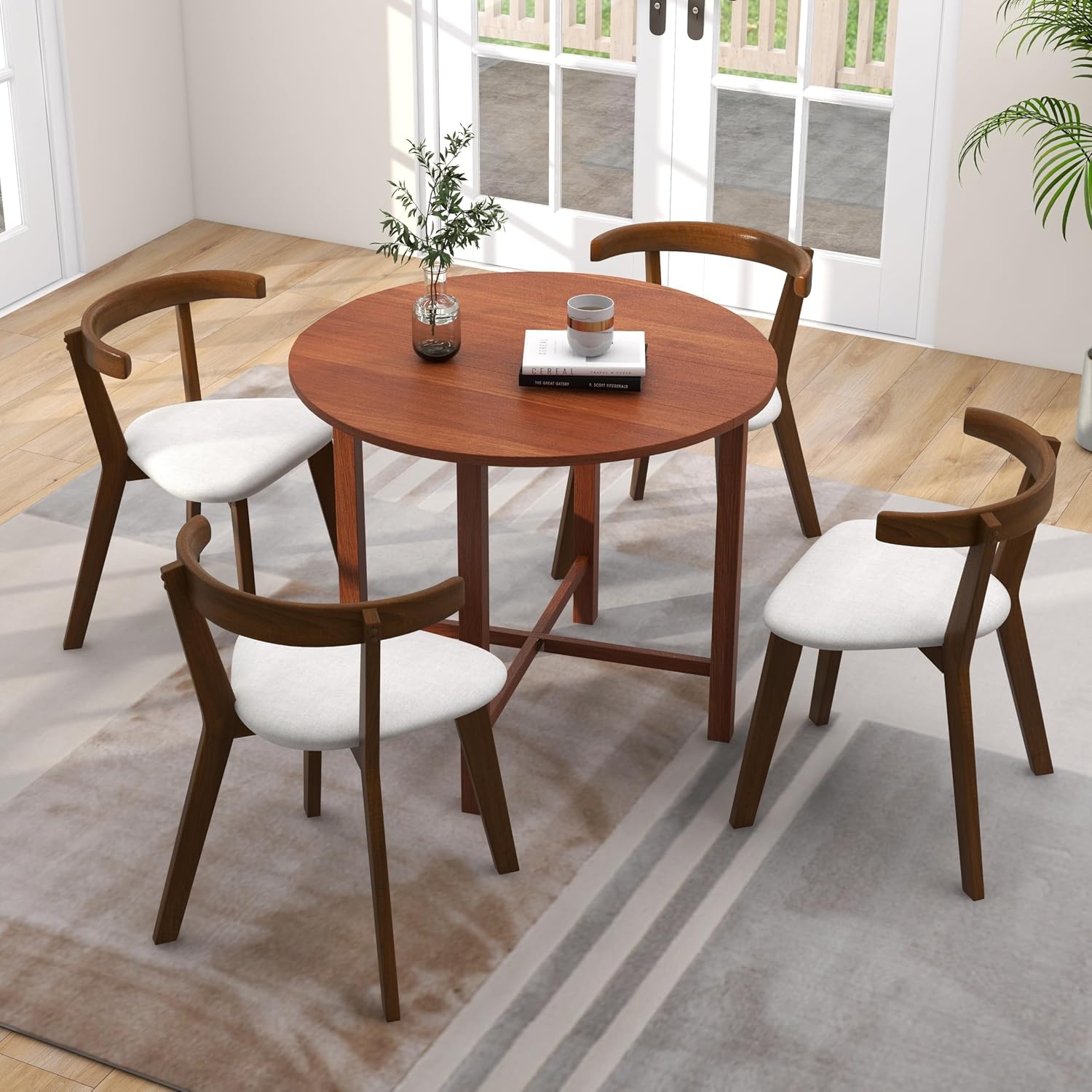 Tangkula 36' Foldable Round Dining Table, Kitchen Table w/Solid Rubber Wood Legs, Dual Drop Leaf Design, Farmhouse Circle Diner Table for 2-4 People, Dining Room, Living Room, Restaurant (Round)