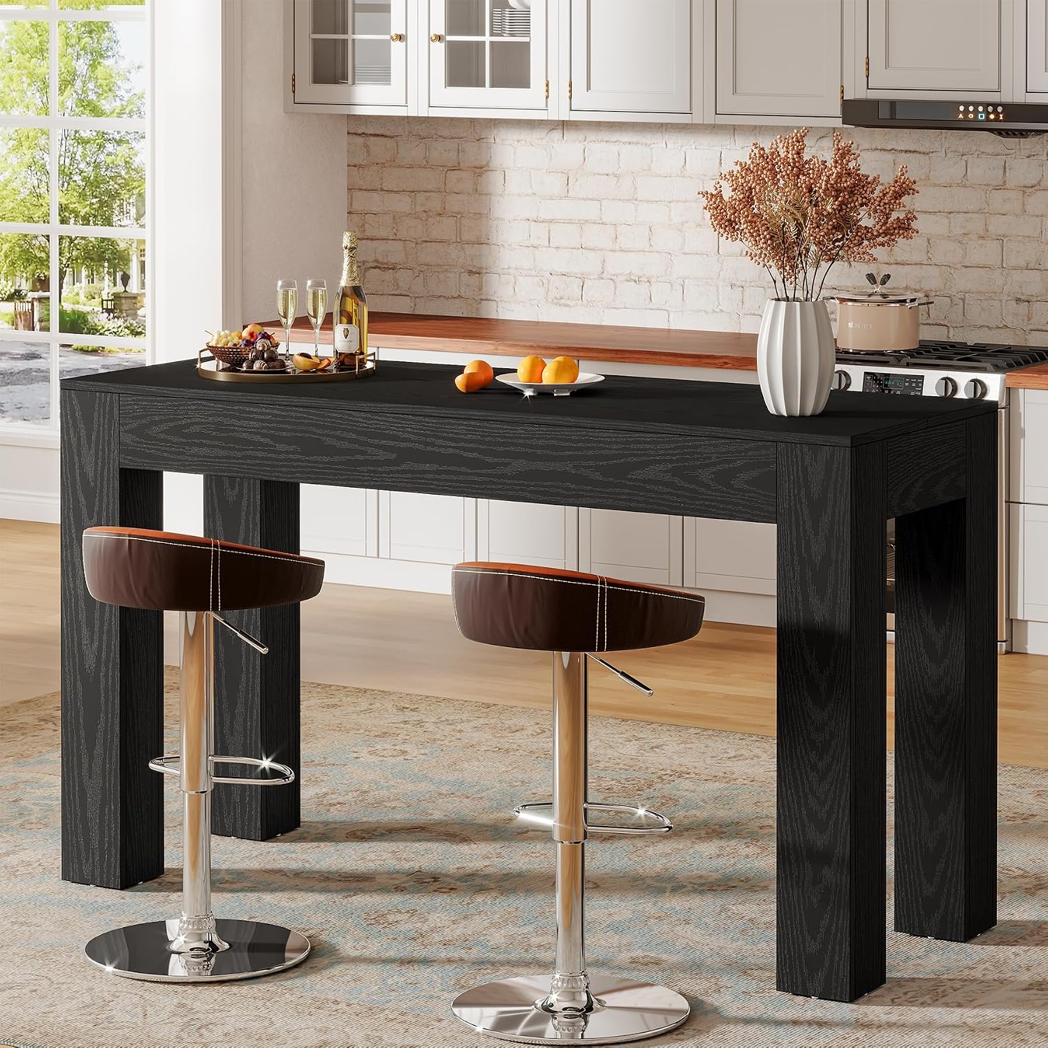 Tribesigns 63' Long Bar Table, Wooden Counter Height Table with 4 Legs, Rectangular Pub Table for Kitchen, Home Bar & Living Room, Rustic Brown (Black)