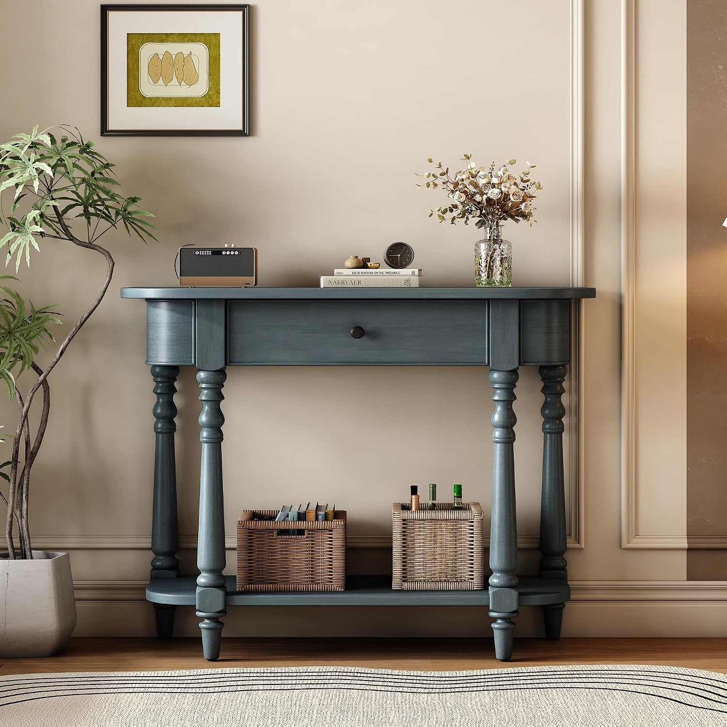 LKTART Solid Wood Corner-Curved Console Table,Farmhouse Small Entryway Sofa Table with Drawer & Open Shelf for Living Room,Hallway,Foyer(Navy 36')