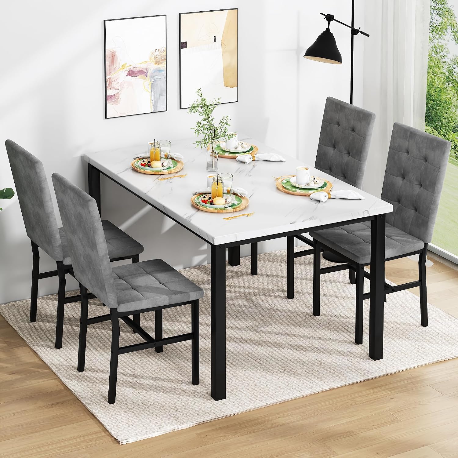 AWQM Dining Table Set for 4,Faux Marble Kitchen Table and Chairs Set of 4, Modern Dining Room Set for 4,Dinner Table Set with Velvet Chairs, Dining Set for Small Spaces,White & Grey