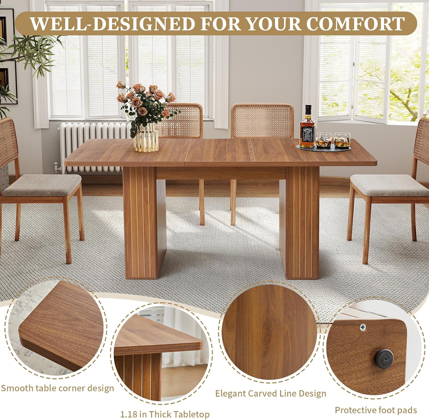 55 in–71 in Extendable Rectangular Dining Table for 4–6, Modern Farmhouse Expandable Kitchen Table with Carved Line Base, Wooden Dinner Table for Kitchen Living Room Home Office (Walnut)