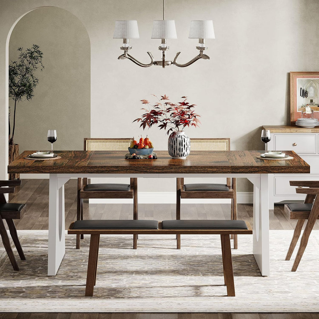 Tribesigns Large Dining Table for 6-8 People, 70.9' Wood Rustic Rectangular Table with White Wooden Legs, Farmhouse Center Kitchen Table for Dining Room, Living Room, Home Furniture (Brown & White)