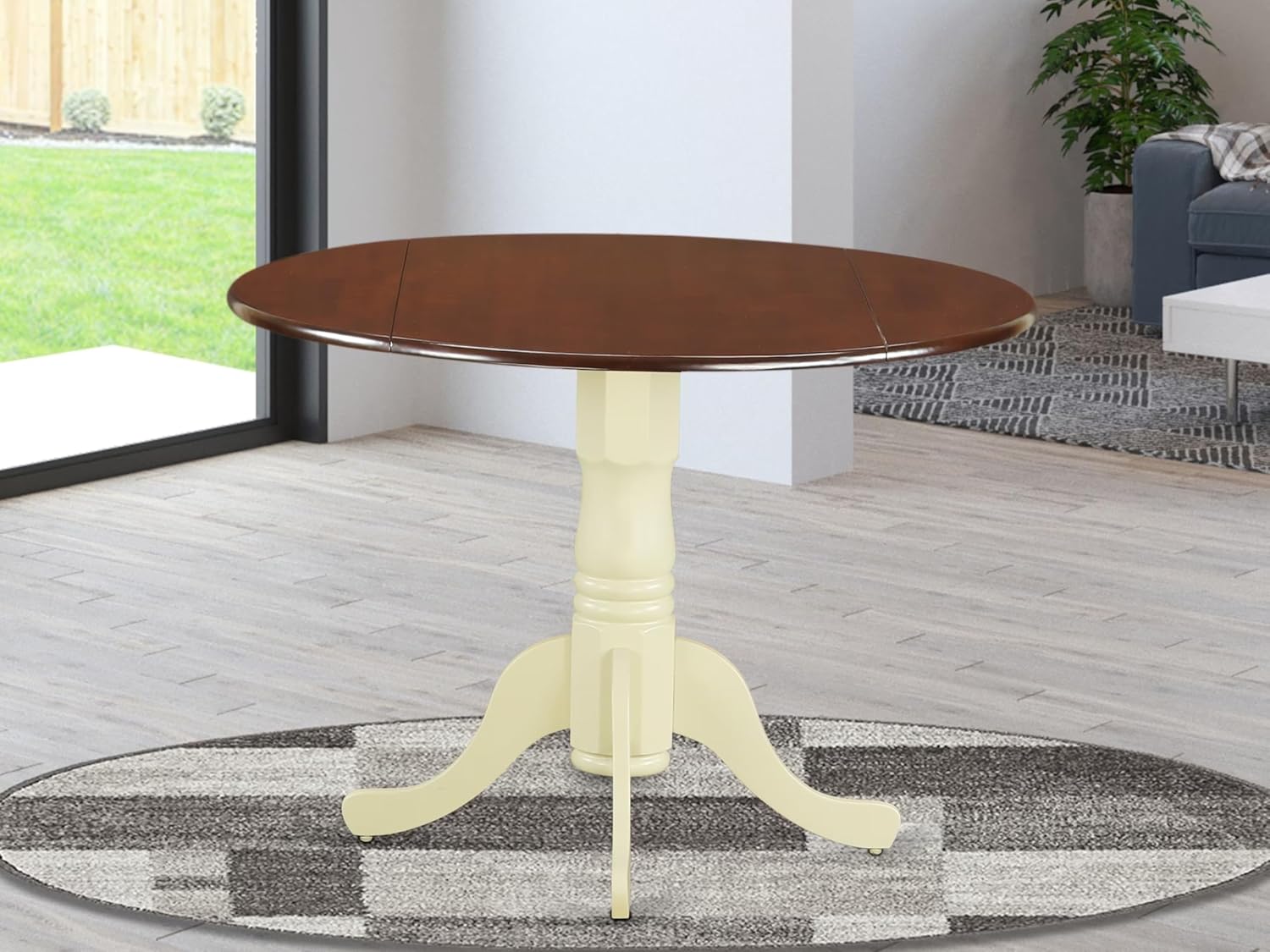 East West Furniture DLT-MMK-TP Dublin Modern Dining Table - a Round Kitchen Table Top with Dropleaf & Pedestal Base, 42x42 Inch, Mahogany & Buttermilk