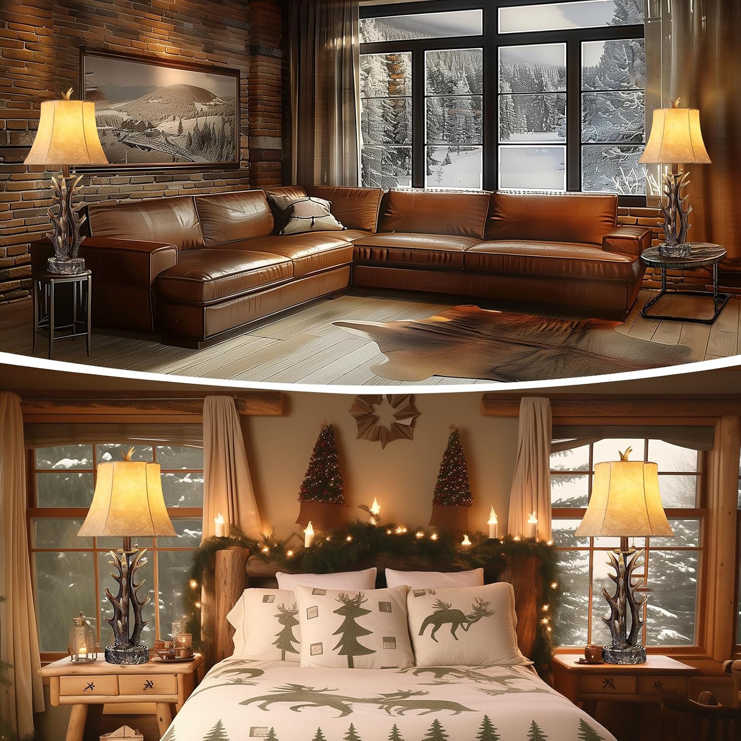 Antler Table Lamps Set of 2 with USB A+C Ports 28' Tall Rustic Farmhouse Deer Bedside Lamps with Faux Leather Bell Shade for Bedroom Living Room Office Decor Western Cabin End Table Lamp, Pull Chain