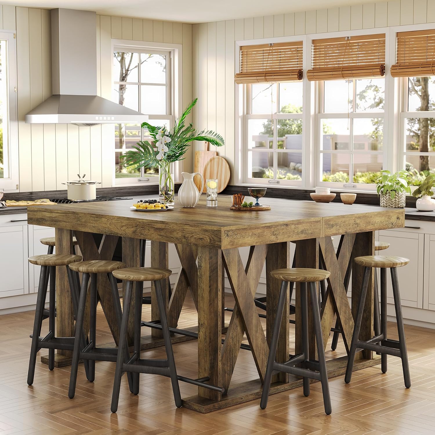 LITTLE TREE 63-Inch Industrial Bar Table with Metal Footrest, Kitchen Pub Table with Sturdy and Heavy Duty X-Base, for Dining Room, Living Room, Home Bar (Mocha, 1)