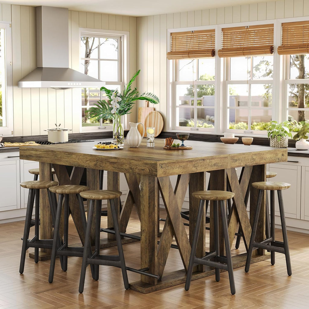 LITTLE TREE 63-Inch Industrial Bar Table with Metal Footrest, Kitchen Pub Table with Sturdy and Heavy Duty X-Base, for Dining Room, Living Room, Home Bar (Mocha, 2)
