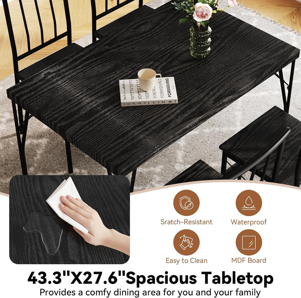 Dining Table Set for 4 with 1.6' Thick Tabletop, 5-Piece Kitchen Table Set, Space-Saving Rectangular Dining Room Kitchen Table Chair Set for Small Space,Dinette,Apartment,Rustic Black