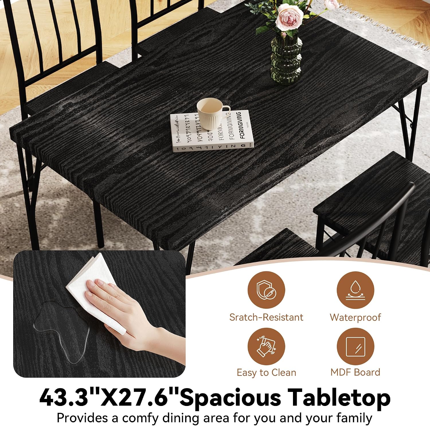 Dining Table Set for 4 with 1.6' Thick Tabletop, 5-Piece Kitchen Table Set, Space-Saving Rectangular Dining Room Kitchen Table Chair Set for Small Space,Dinette,Apartment,Rustic Black