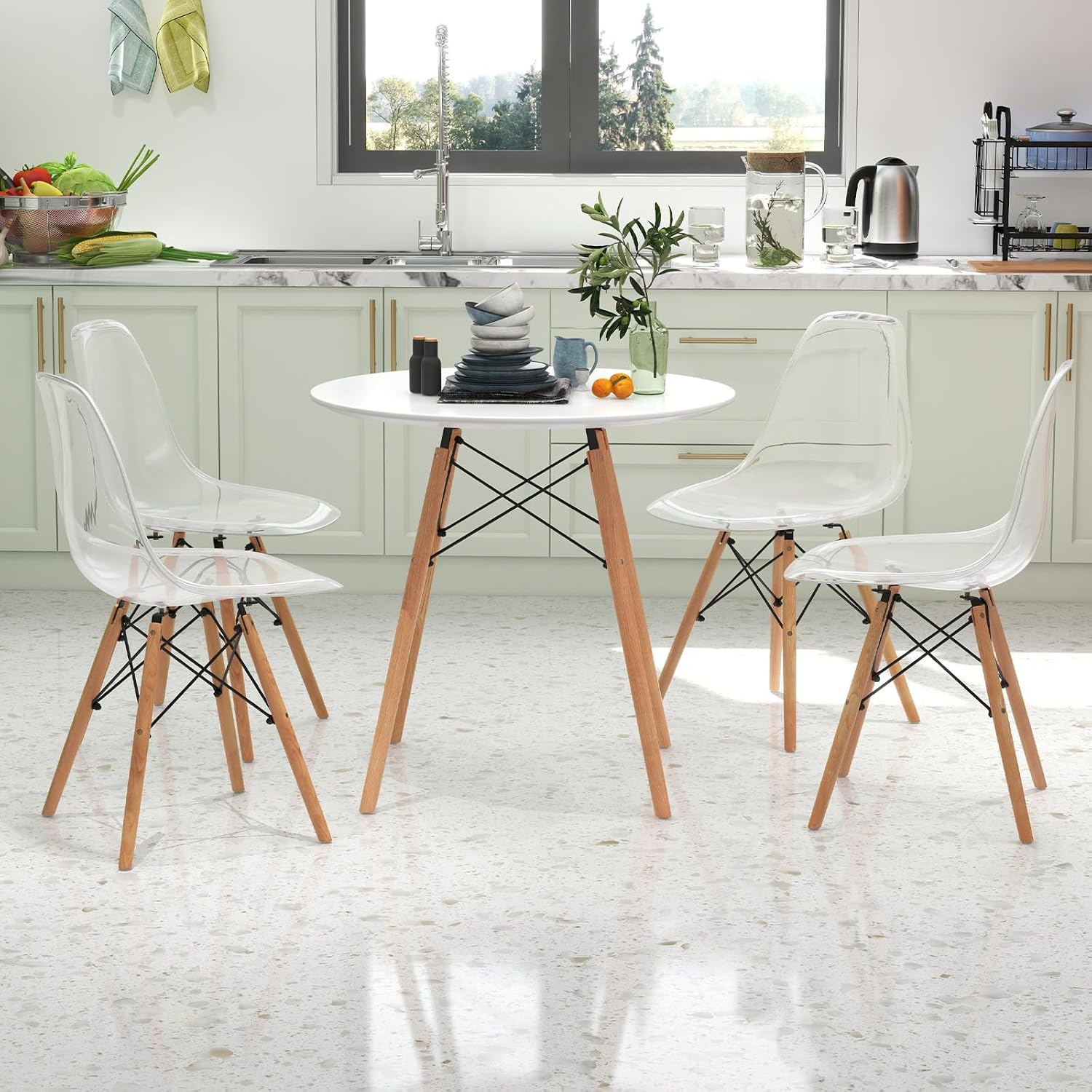 Tangkula Round Dining Table Set for 4, Modern Circle Kitchen Table & 4 Chairs with Ergonomic Seats and Solid Wood Legs, 5-Piece Dining Room Set for Small Spaces, Kitchen, Living Room