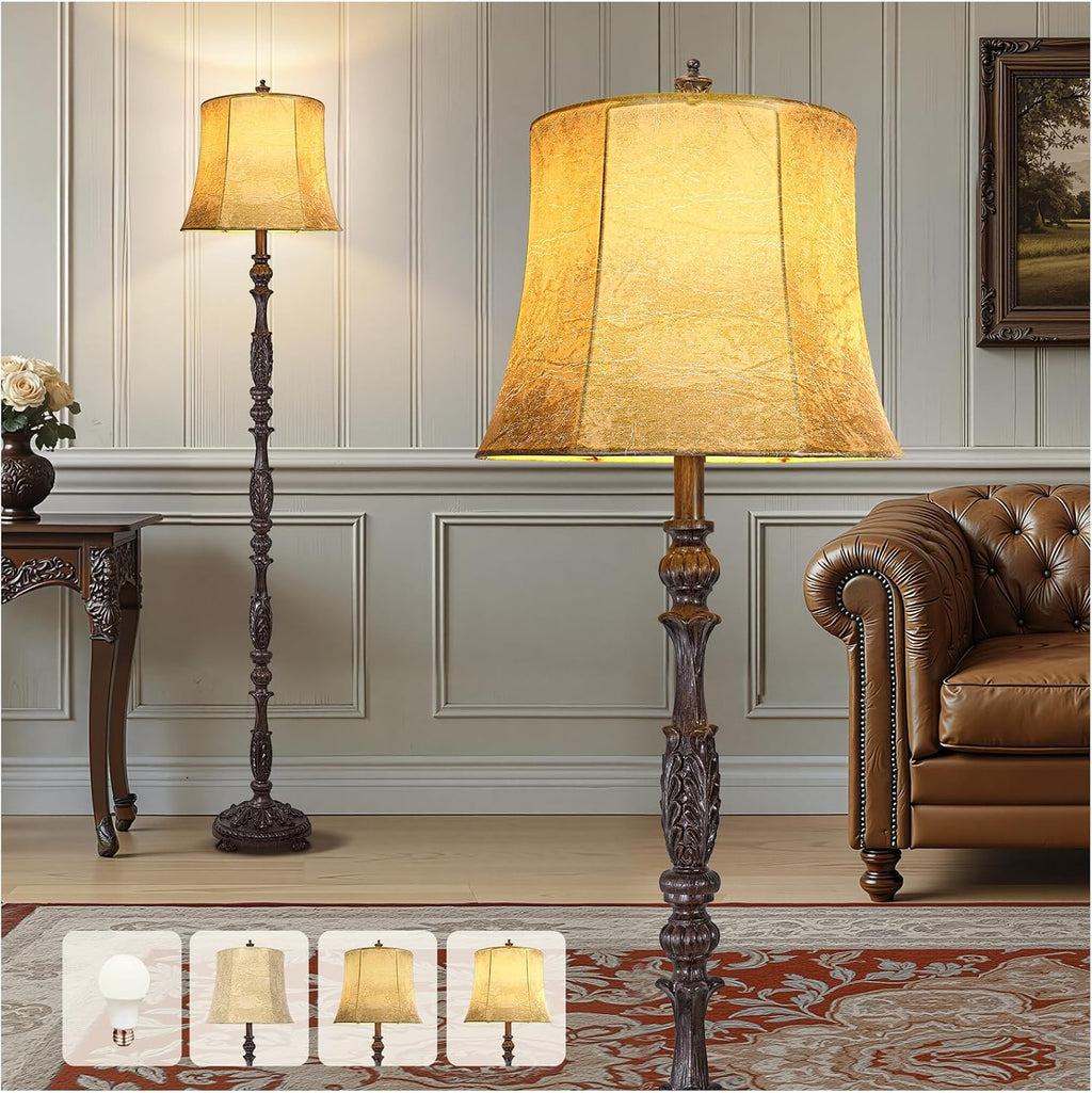 Scenekoy Vintage 66' Tall Floor Lamp for Living Room Bedroom, Retro Resin Carved Standing Lamp with Faux Leather Shade, 3-Way Adjustable Bulb, Rotary Switch Rustic Corner Light for Home Decor