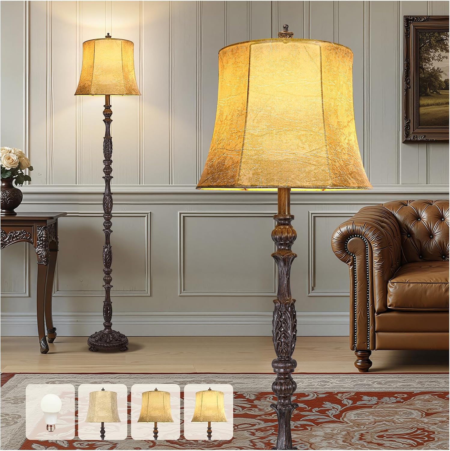 Scenekoy Vintage 66' Tall Floor Lamp for Living Room Bedroom, Retro Resin Carved Standing Lamp with Faux Leather Shade, 3-Way Adjustable Bulb, Rotary Switch Rustic Corner Light for Home Decor