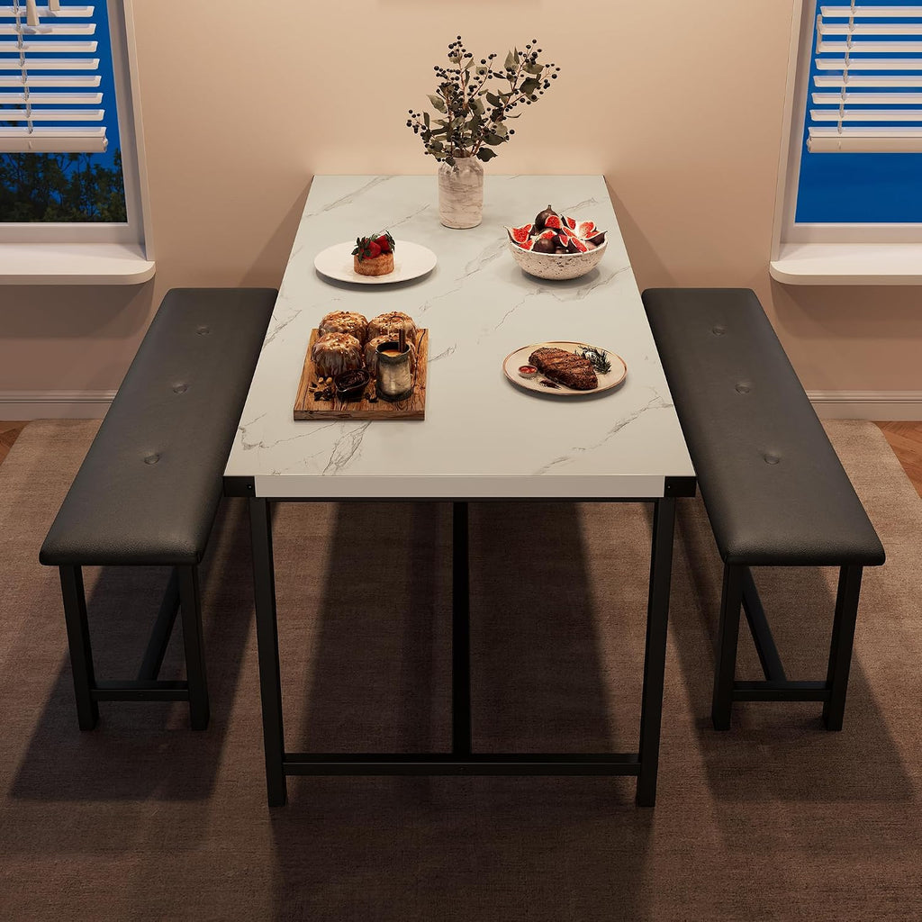 IDEALHOUSE Dining Table Set for 4, Kitchen Table with 2 Upholstered Benches, Rectangular Dining Room Table Set, 3 Piece Kitchen Table Set for Small Space, Apartment, Studio, Marble White