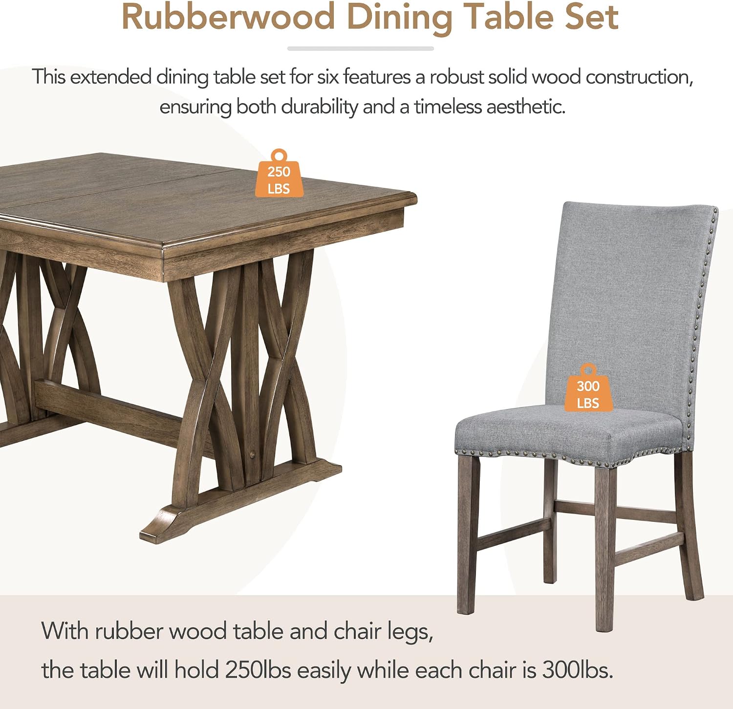 Merax Mid-Century 7-Piece Dining Table Set, Extendable Kitchen Table Set with Upholstered Chairs Set for 6, Golden Brown+Gray