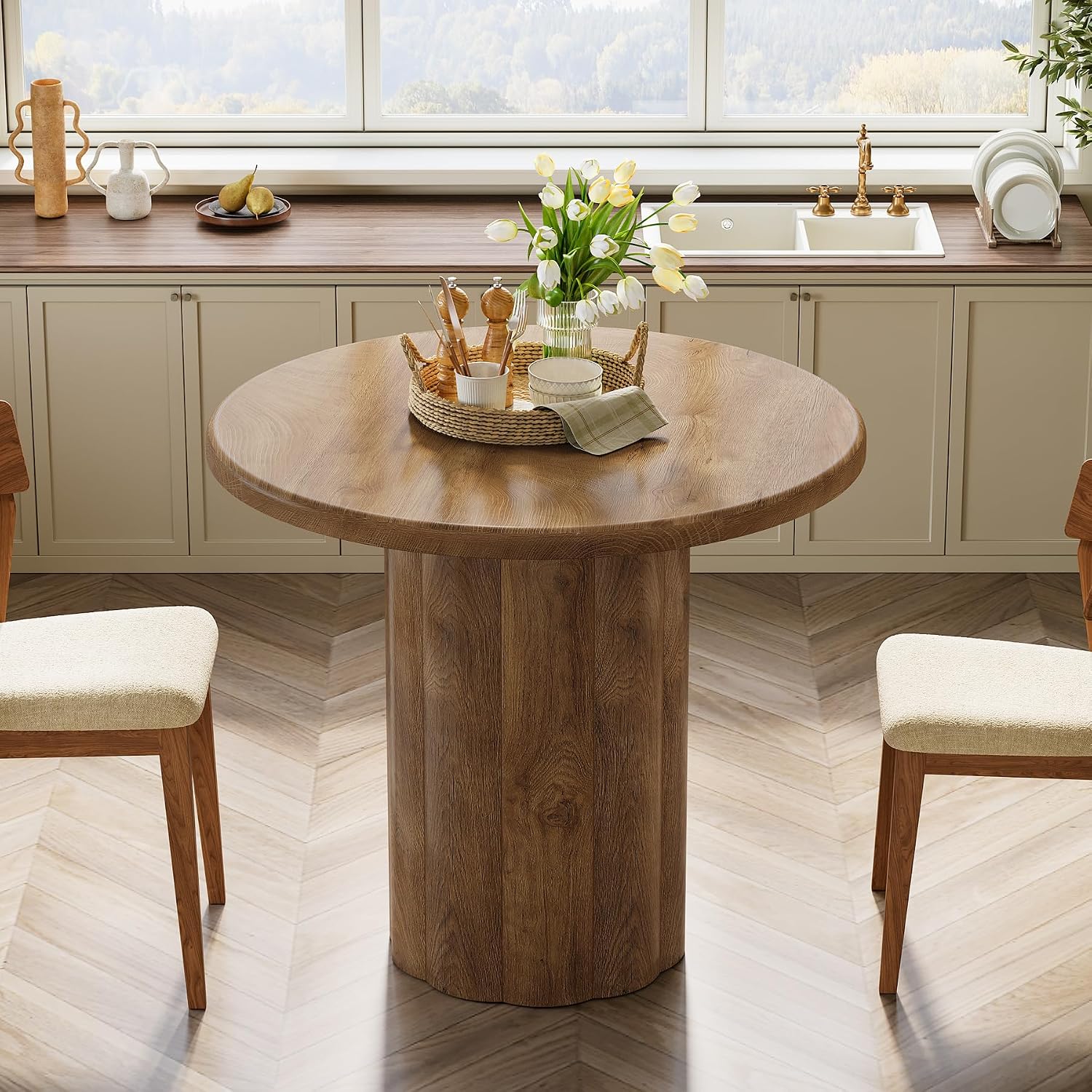 Tribesigns 31.5-Inch Round Dining Table for 2-4 People, Small Kitchen Table with Sturdy Base for Dining Room, Living Room (Brown)