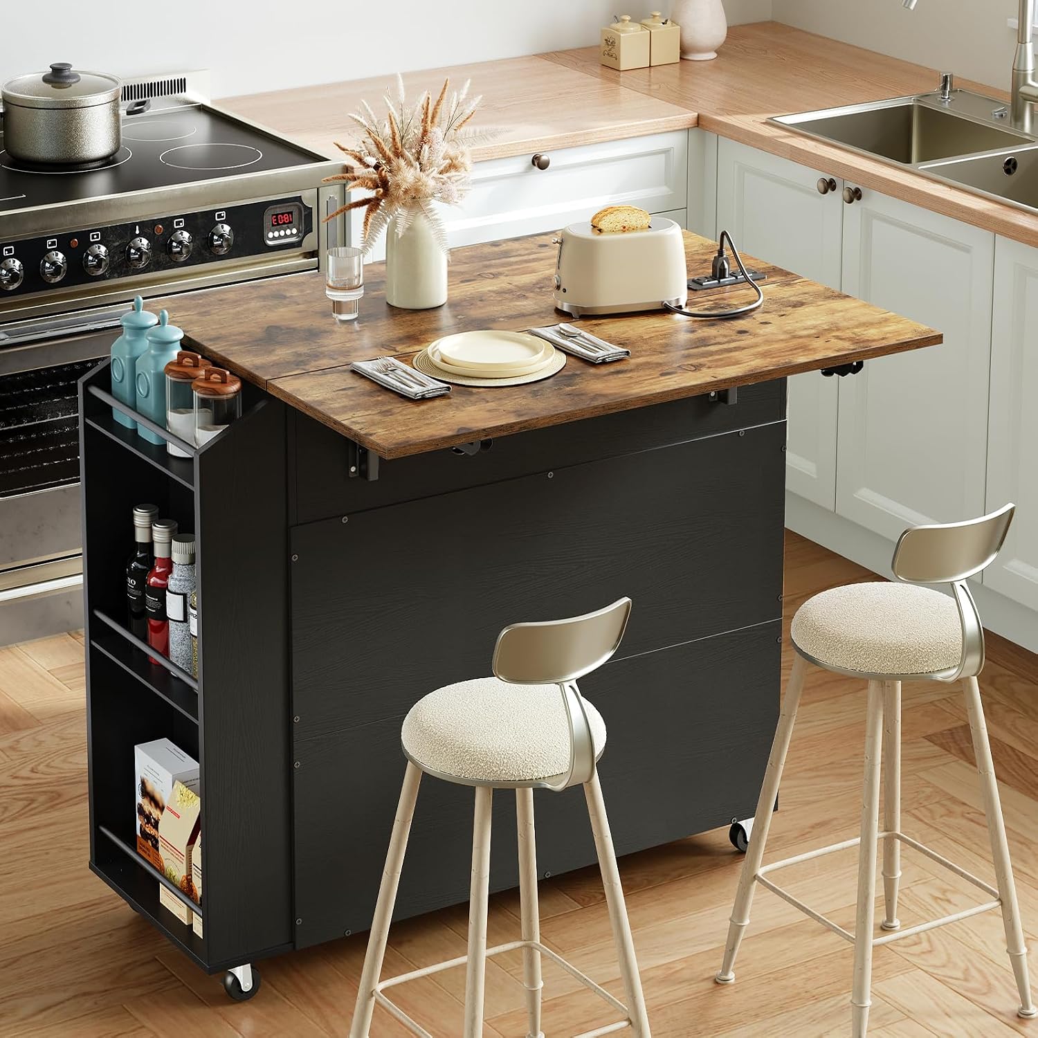 HOOBRO Kitchen Island with Drop Leaf Countertop & Power Outlet, Rolling Island Cart on Wheels, Kitchen Cart with Drawer & Spice Rack, Mobile Island Table for Kitchen, Black BF86UZD01